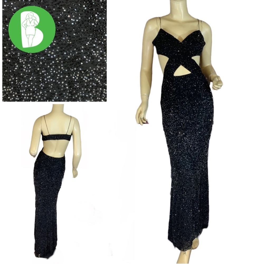CACHE BLACK SILK BEADED SEQUIN EXPOSED BACK AND SIDES LONG COCKTAIL DRESS (4)